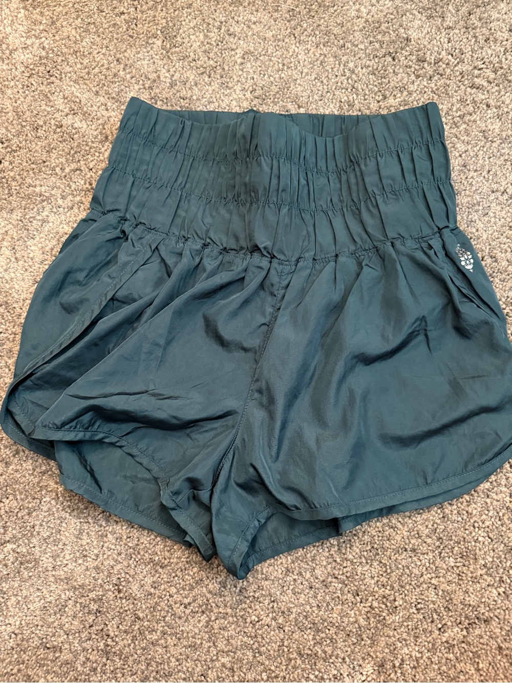 Free People High-Rise Smocked Waist Athletic Shorts in Teal Green